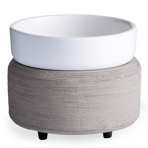 Gray textured base candle warmer with smooth white ceramic dish for melting wax melts or heating candles