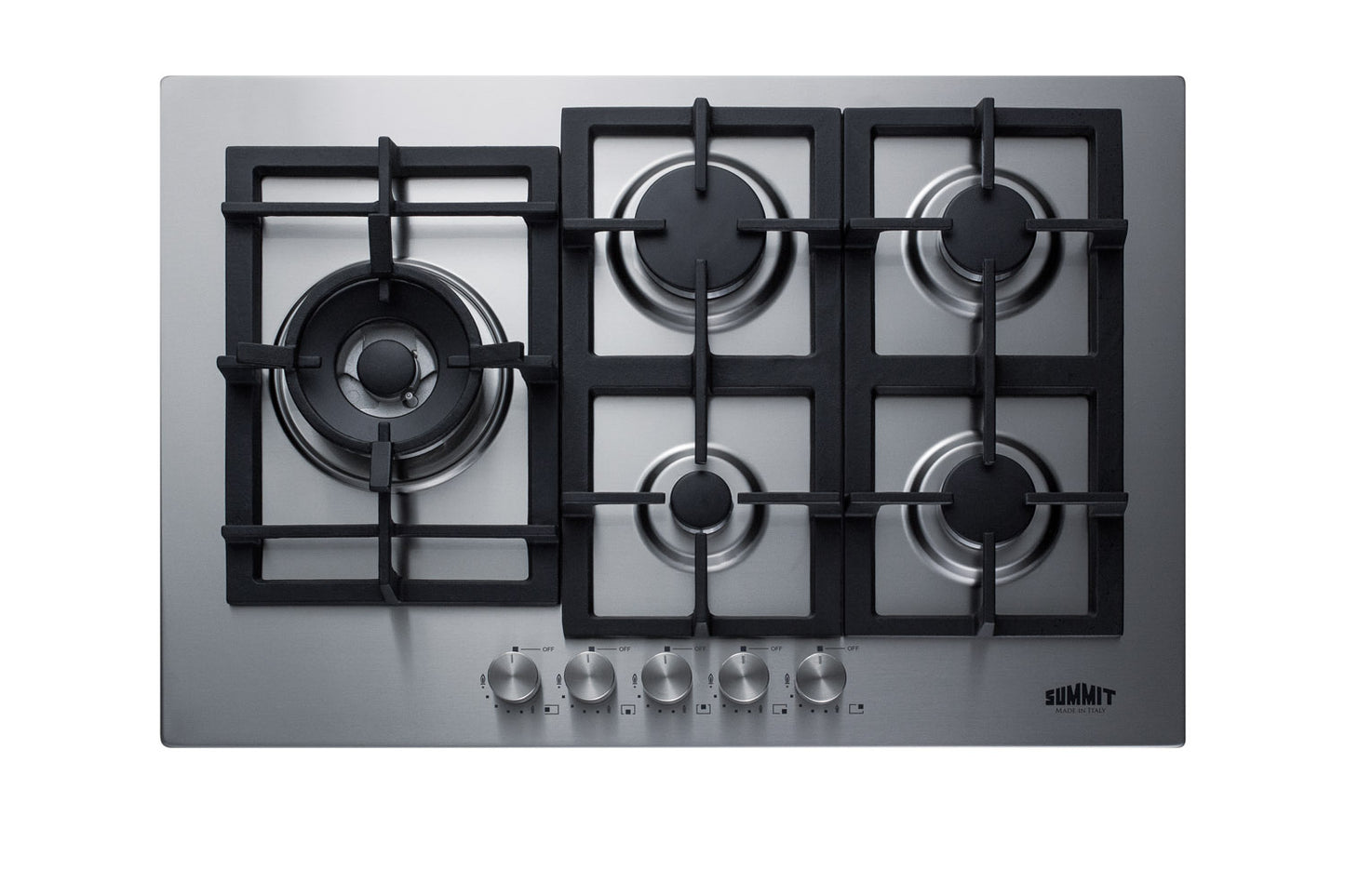 Stainless steel 5-burner gas cooktop with control knobs for kitchen appliances and home improvement projects