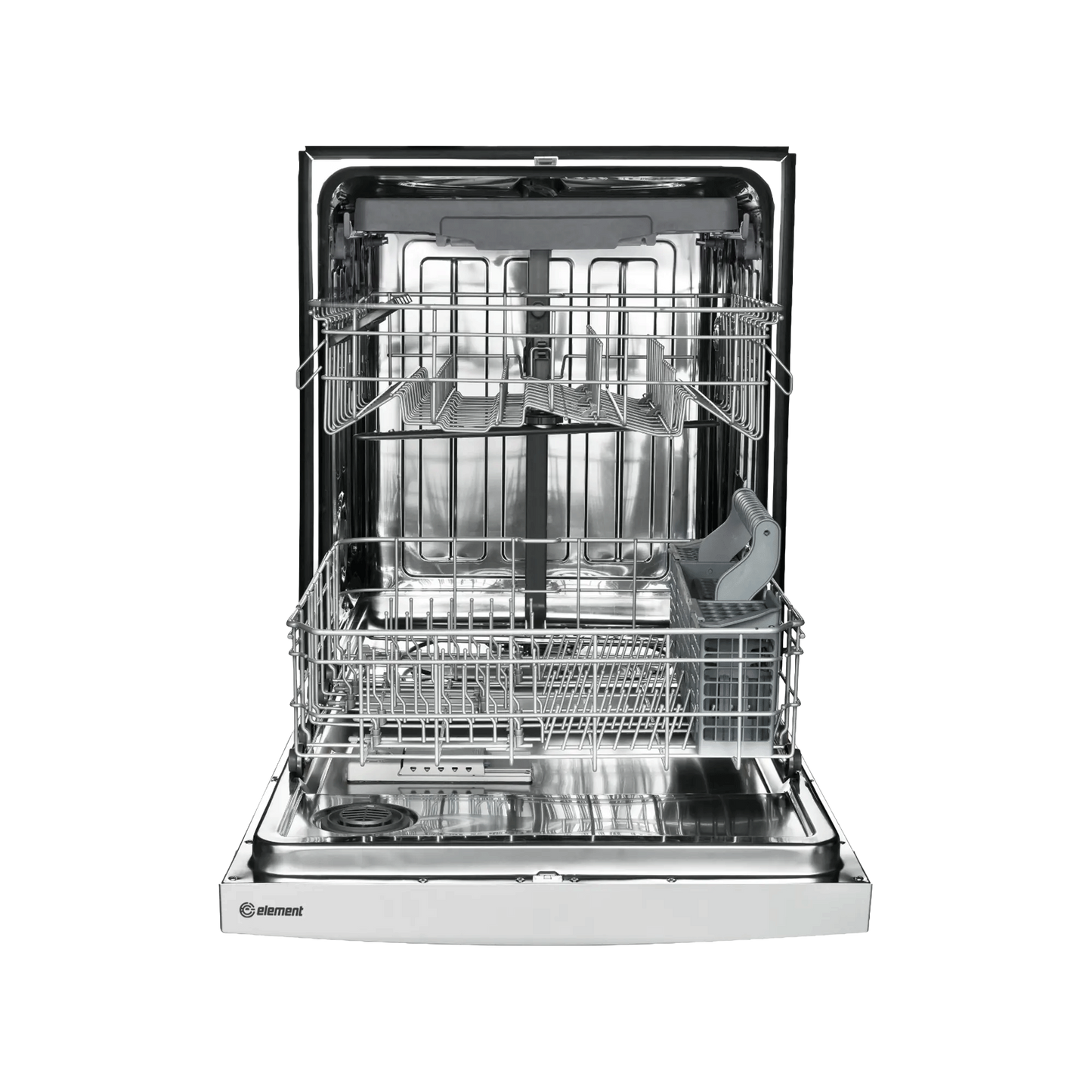 Open stainless steel dishwasher interior with multiple racks for dishes and utensils in kitchen appliance collection