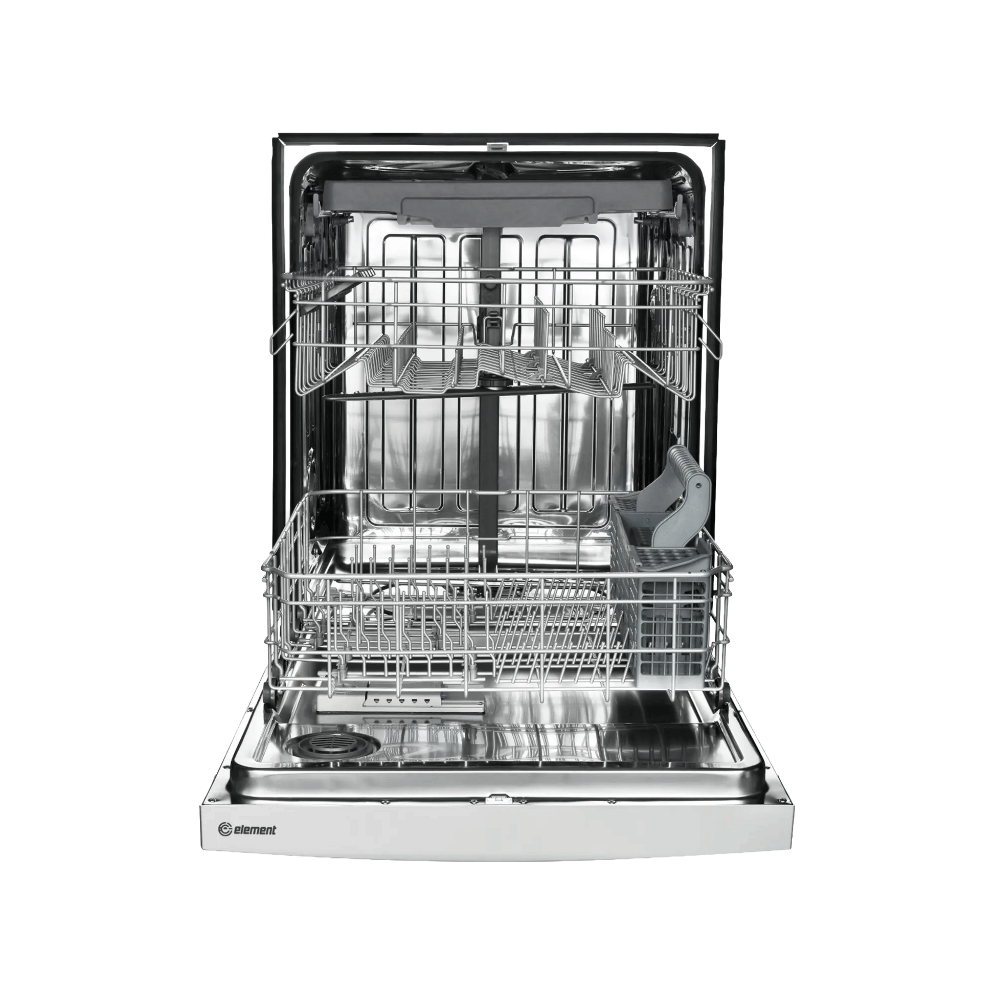 Open stainless steel dishwasher interior with multiple racks for dishes and utensils in kitchen appliance collection