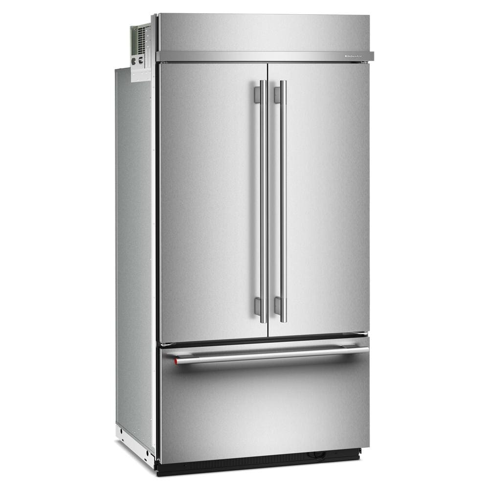 stainless steel built-in french door refrigerator with bottom freezer and vertical handles in KitchenAid appliances collection