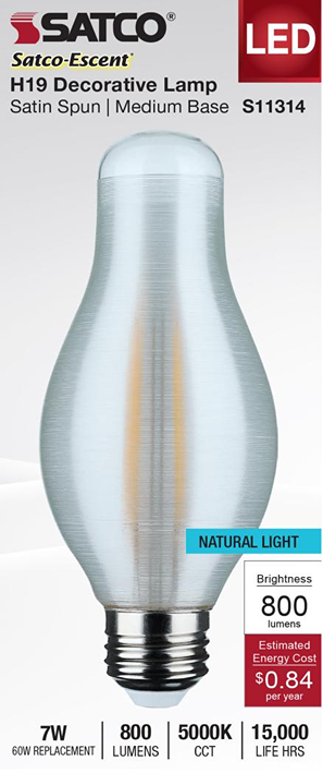 Satco decorative LED bulb with satin spun finish and medium base emitting 5000K natural light for home improvement lighting.