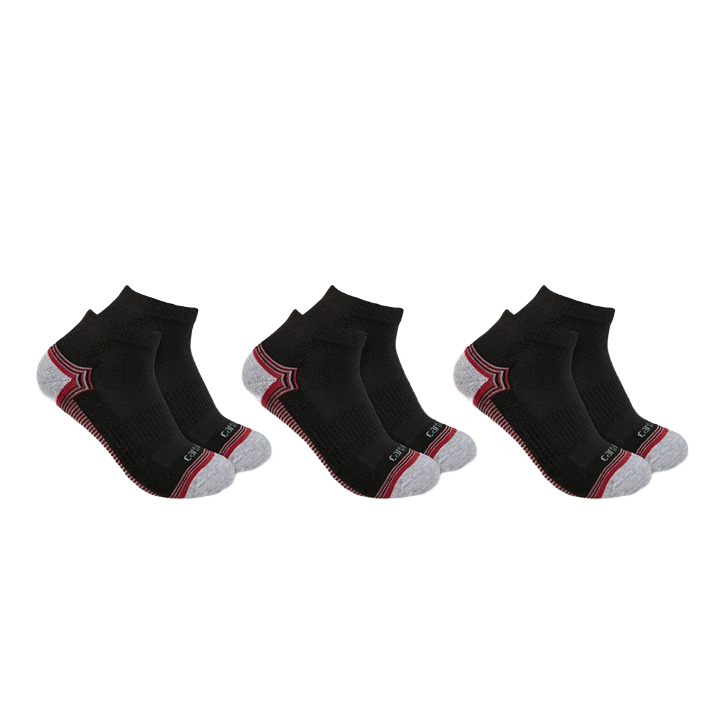 Three pairs of black midweight low cut socks with gray and red accents, designed for women’s active wear collections under $50