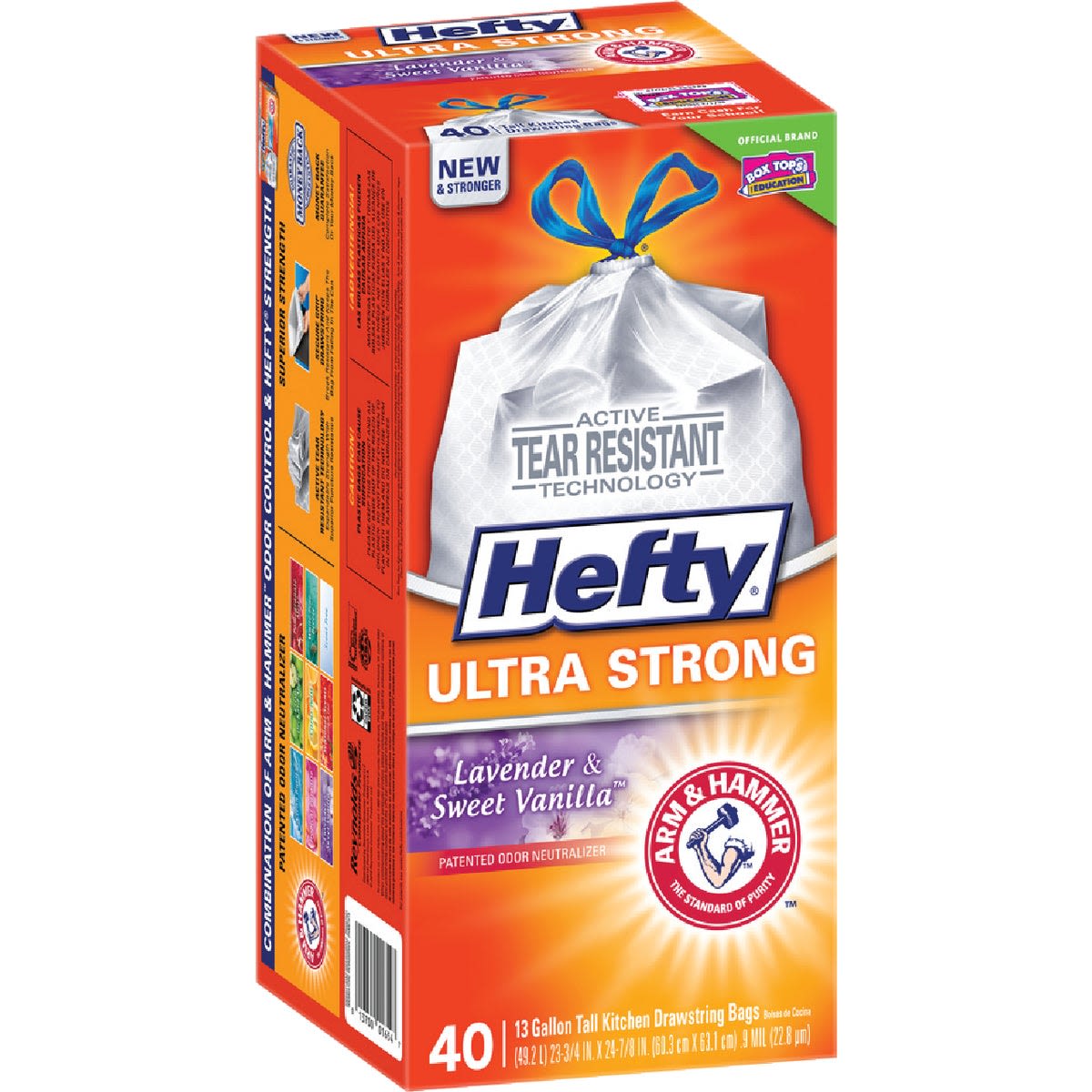 Box of Hefty ultra strong kitchen trash bags with lavender and sweet vanilla scent in 13-gallon size, 40-count pack