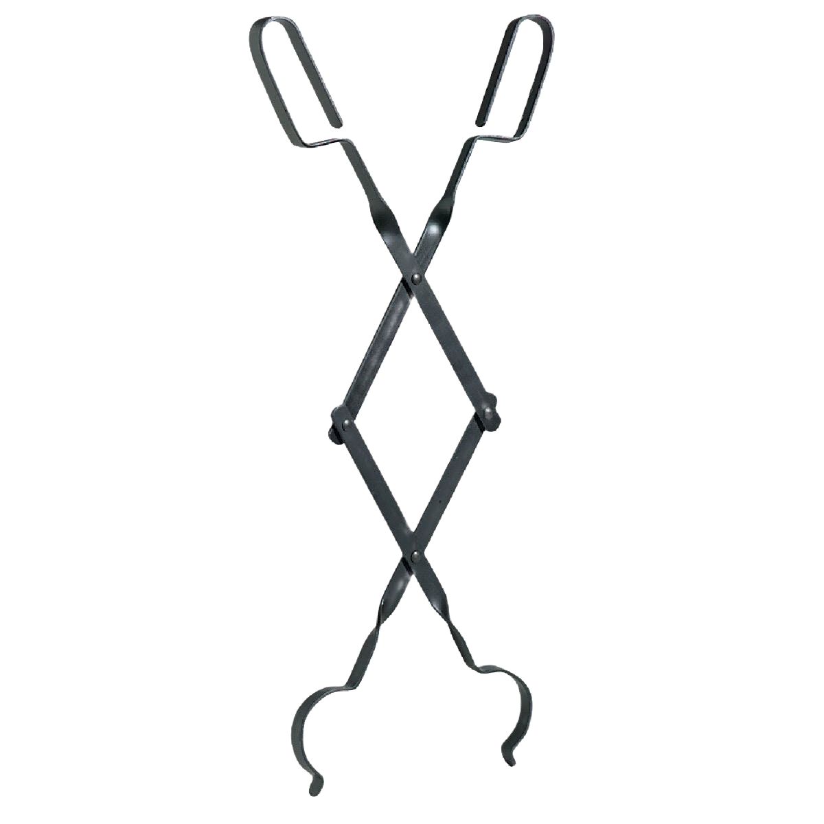 Black rigid steel fireplace tongs with looped handles for wood management in plumbing parts and home improvement tools