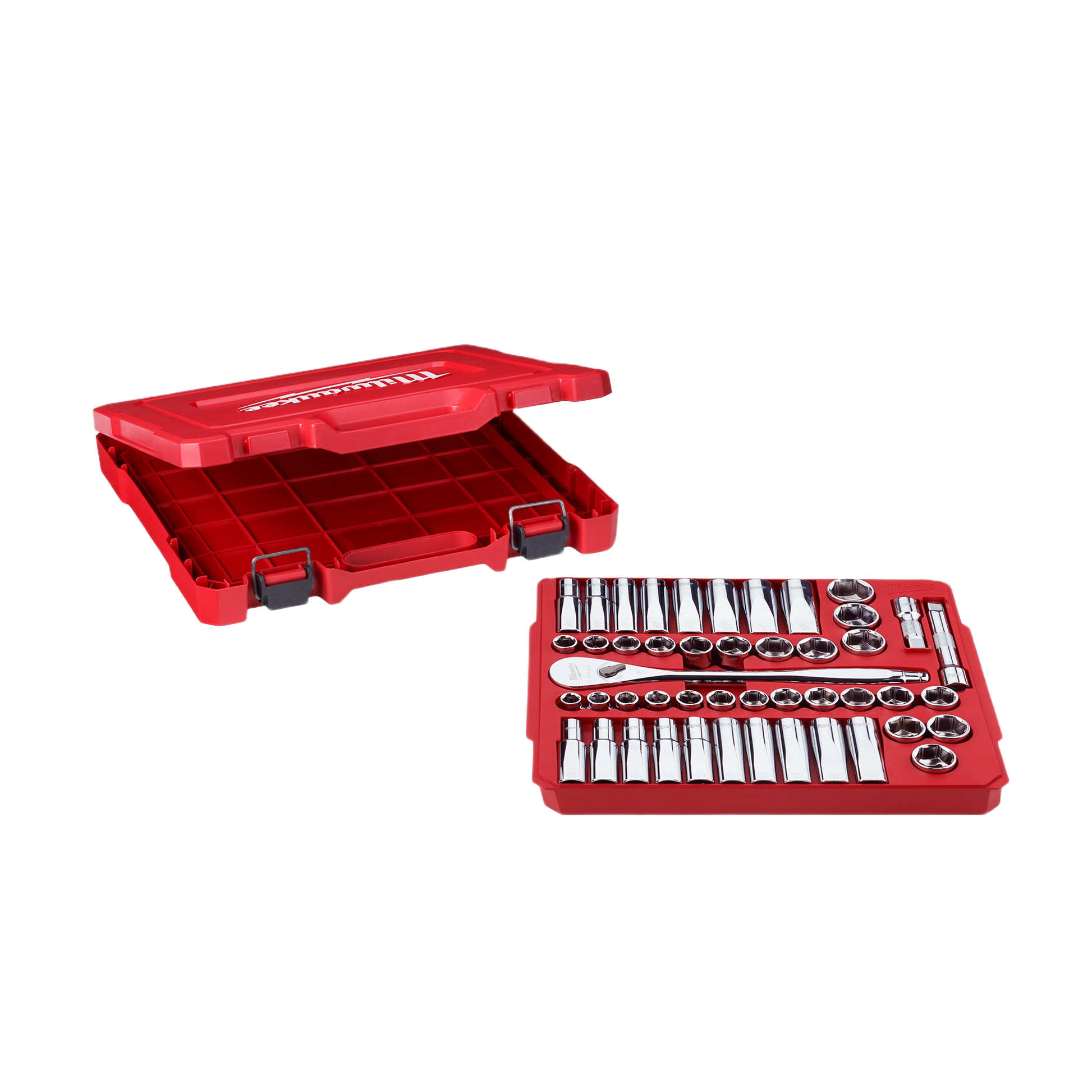 Open red storage case with chrome ratchets and metric and SAE sockets for hand tools and woodworking collections