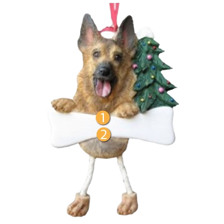 Personalized German Shepherd Christmas ornament with dangling legs holding a bone and decorated with a Christmas tree
