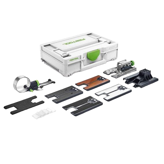 Compact white and green Festool accessory kit with multiple jigsaw bases for precise cutting in power tool collections