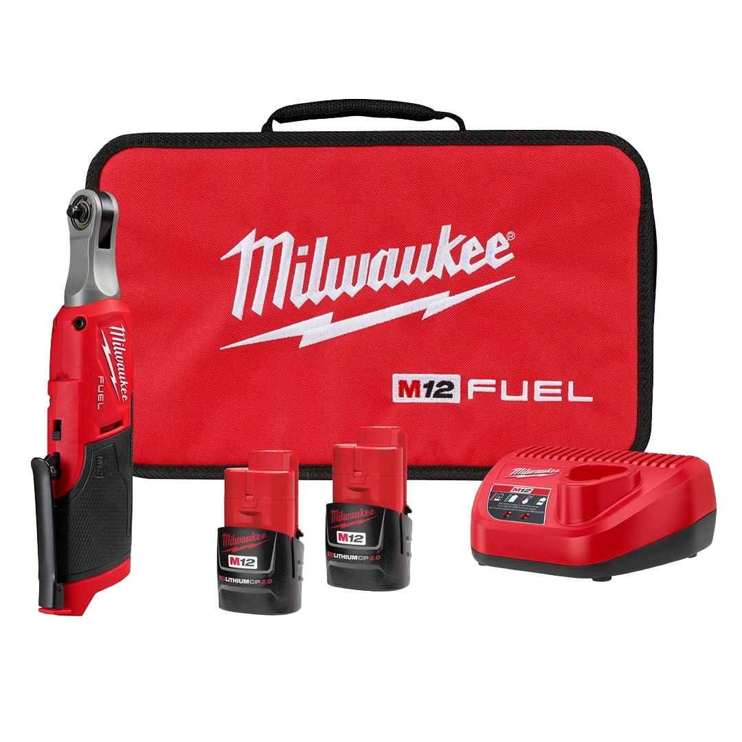 Red and black cordless ratchet kit with two lithium-ion batteries, charger, and branded carrying case for home improvement tasks