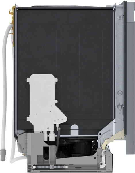 Cutaway side view of dishwasher interior showing internal components and plumbing from Bosch Appliances collection.
