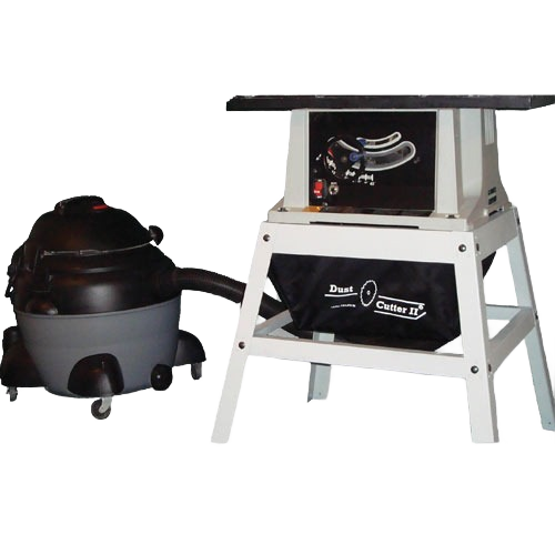 Workshop setup with Dust Cutter II dust bag attached to table saw and connected to a portable vacuum for dust collection