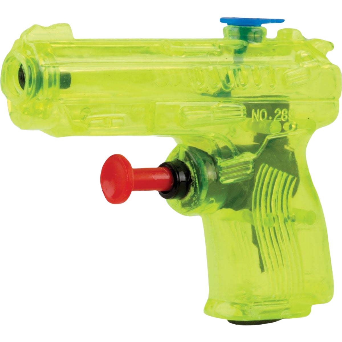 Compact translucent green water pistol with red trigger and blue refill cap for outdoor water play activities