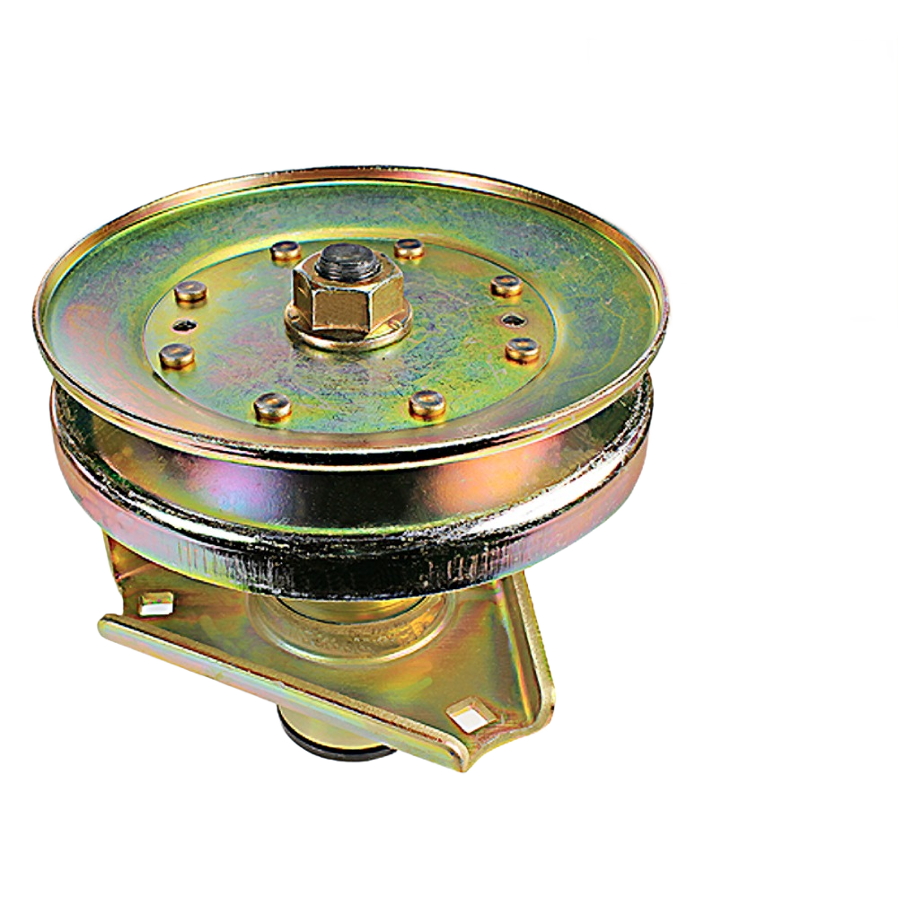 Metal mower deck spindle with mounting plate and central bolt for lawn equipment repairs and home improvement tasks