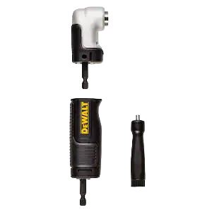 Disassembled modular right angle system tool with black and yellow components for home improvement tasks