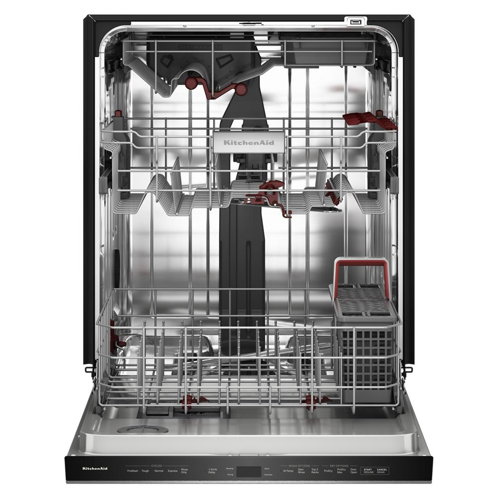 Open black KitchenAid dishwasher showing stainless steel interior with racks and utensil holder from Appliances collection