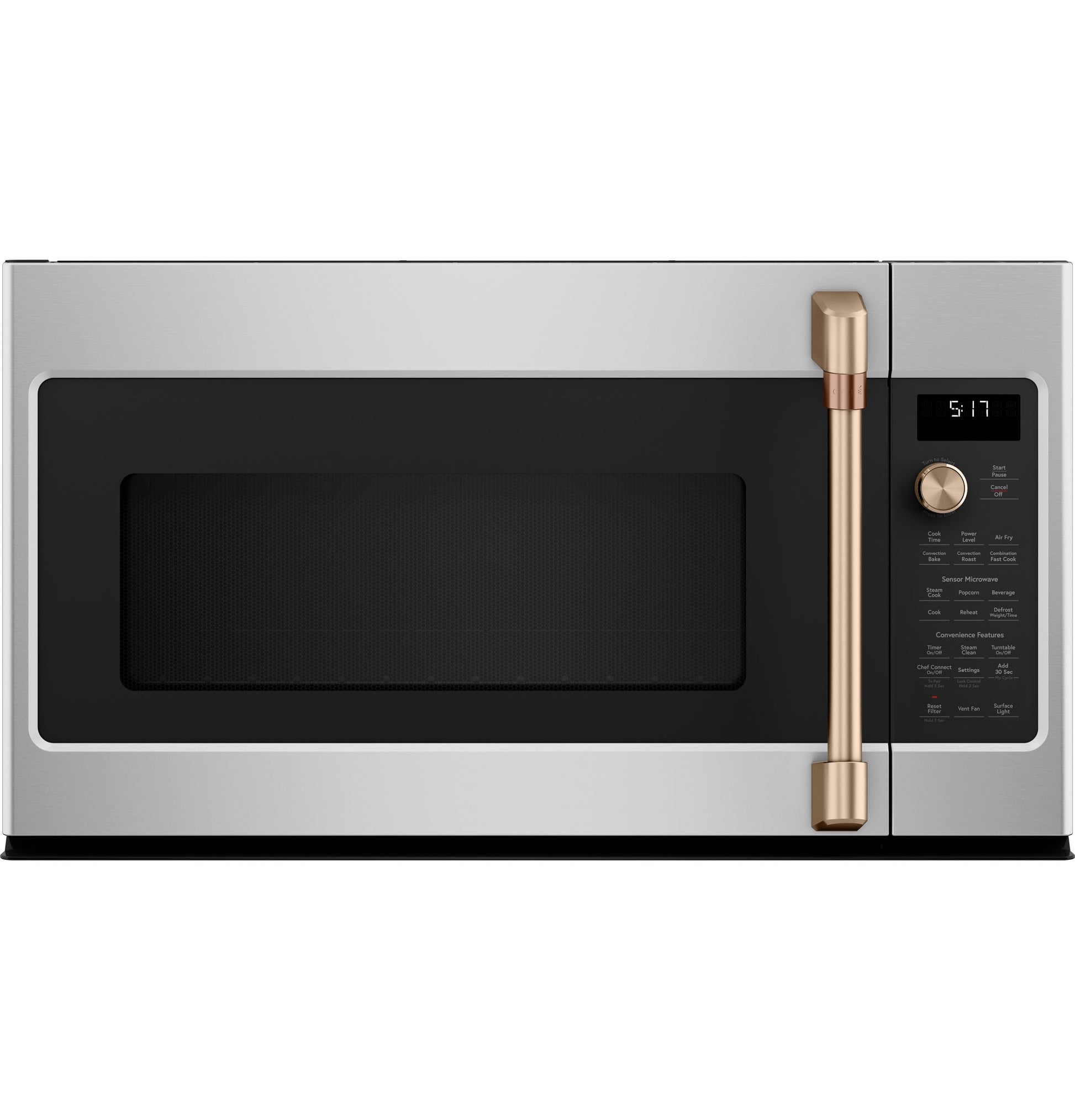 Stainless steel over-the-range microwave with large black window and brass-tone handle and control dial in kitchen appliance collection