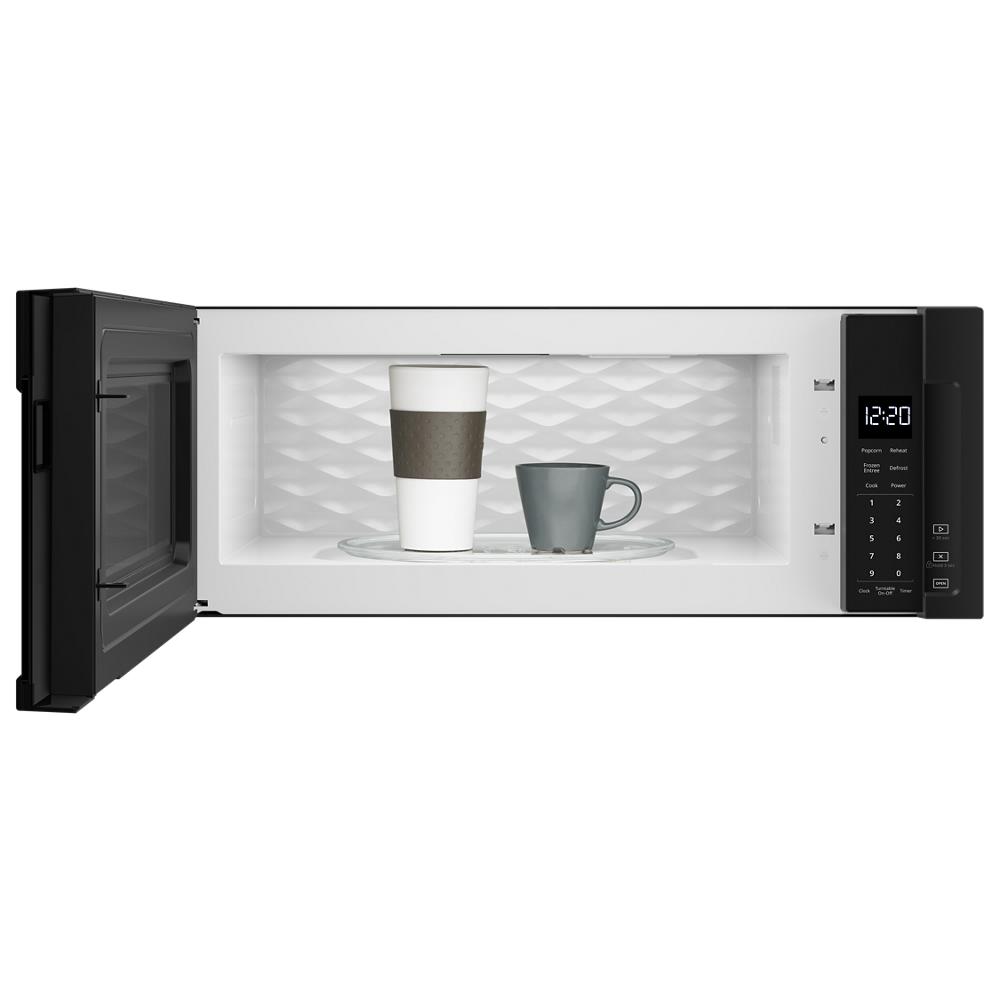 Over the range microwave with open door showing digital control panel and interior with cups, kitchen appliance collection