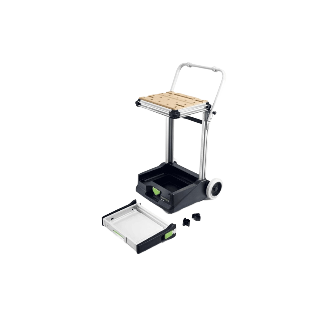 Compact mobile workshop cart with wooden top, storage compartments, and wheels for woodworking tool organization and mobility