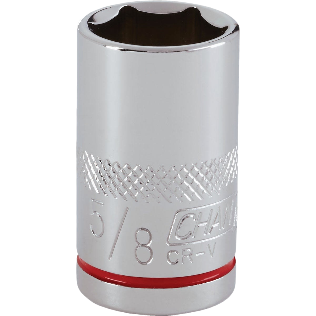 Chrome-finished 5/8 inch 6-point shallow socket with textured band for grip in hand tools and sockets collections