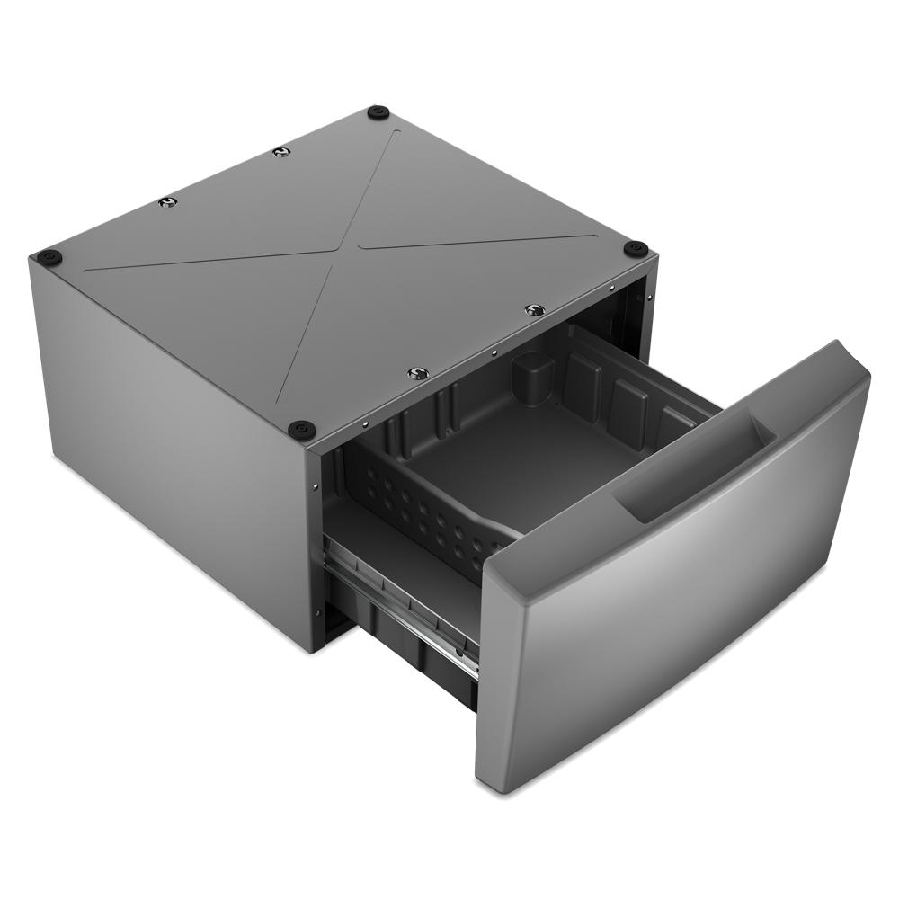 Metal pedestal drawer with handle and storage compartment designed for front load washer or dryer accessories.
