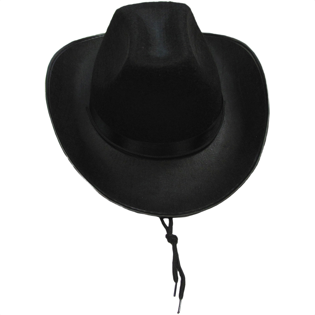 Classic black cowboy hat with wide brim and chin strap for outdoor and costume use