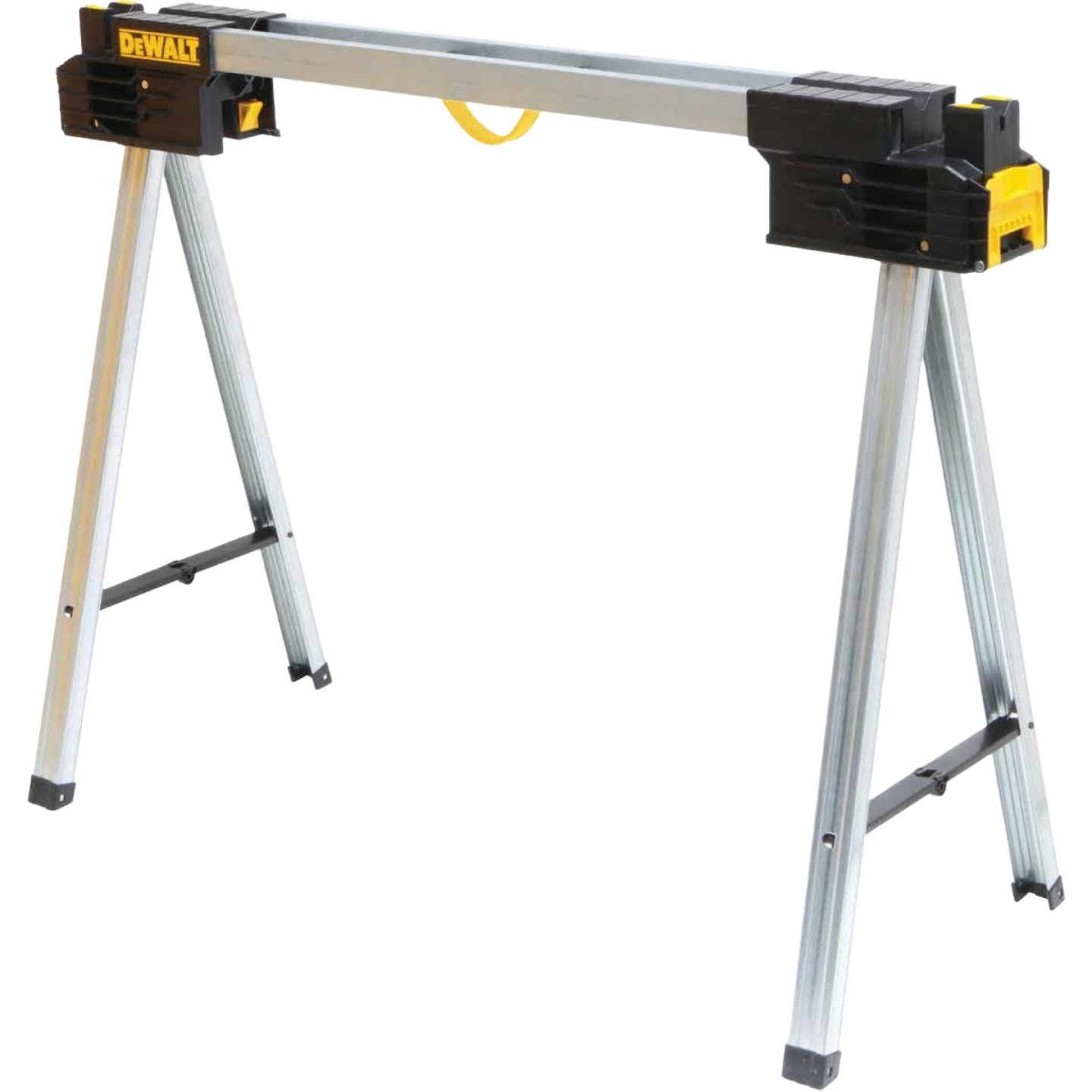 Metal folding sawhorse with durable aluminum legs and a sturdy top bar for supporting materials in home improvement projects