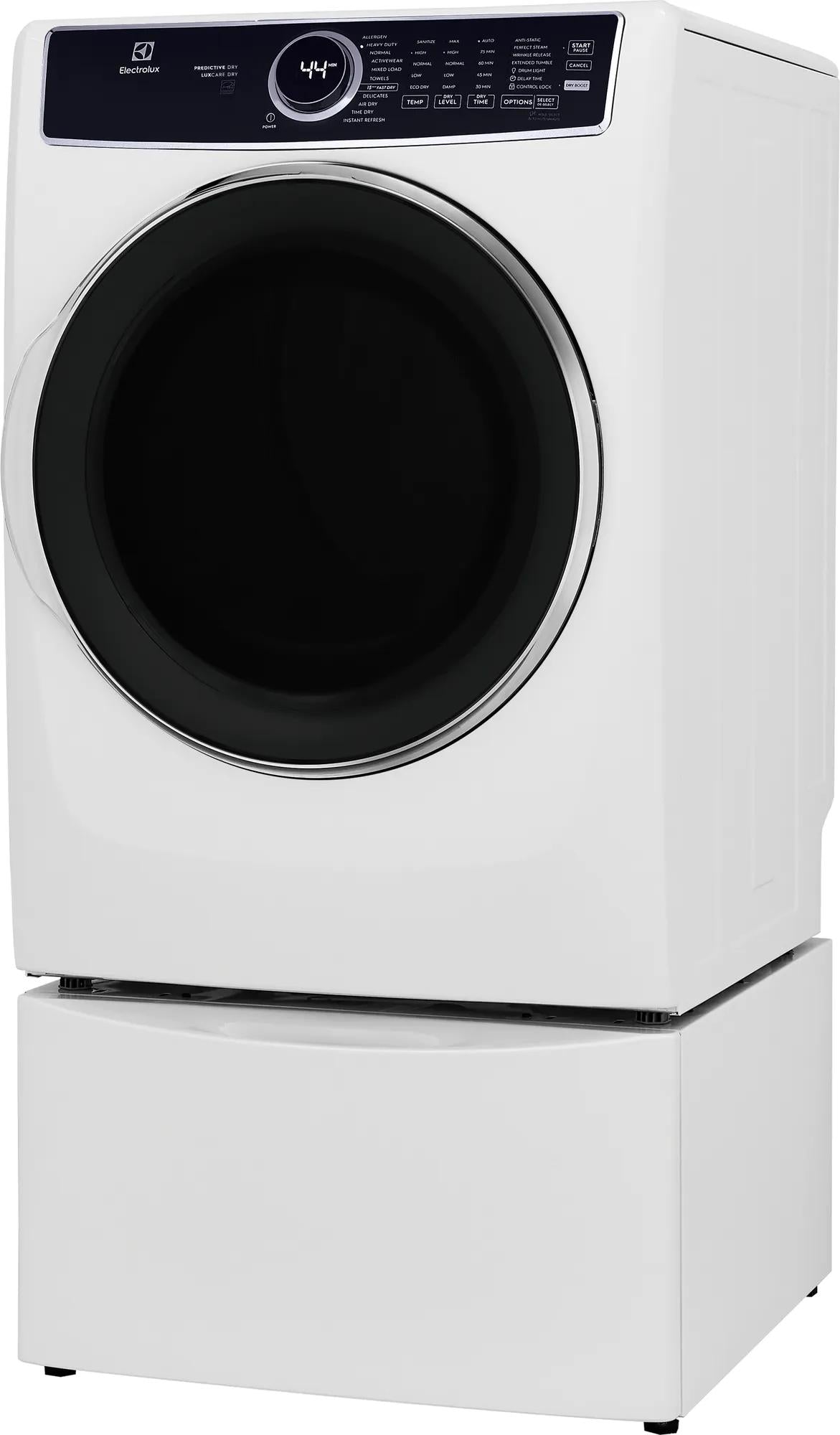 White front load gas dryer with digital control panel and large circular door in Dryers and Appliances collections