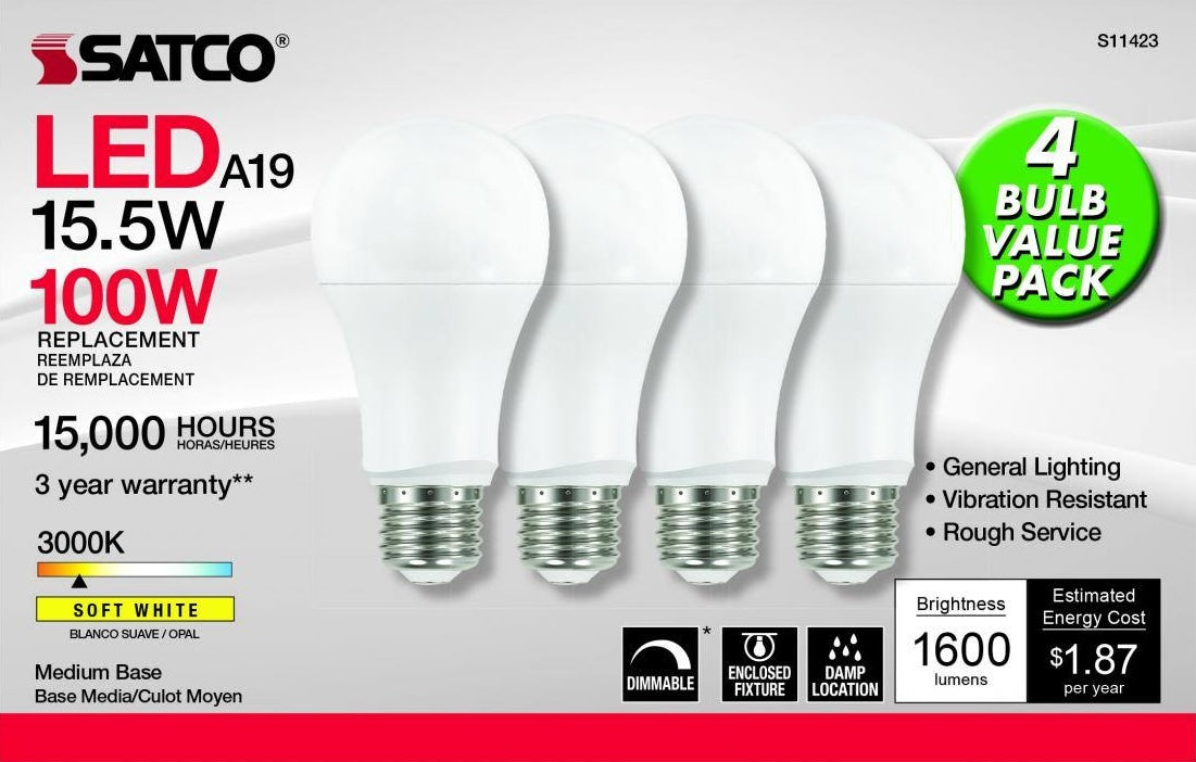 4-pack of soft white A19 LED light bulbs with medium base, energy-efficient and durable for home lighting needs