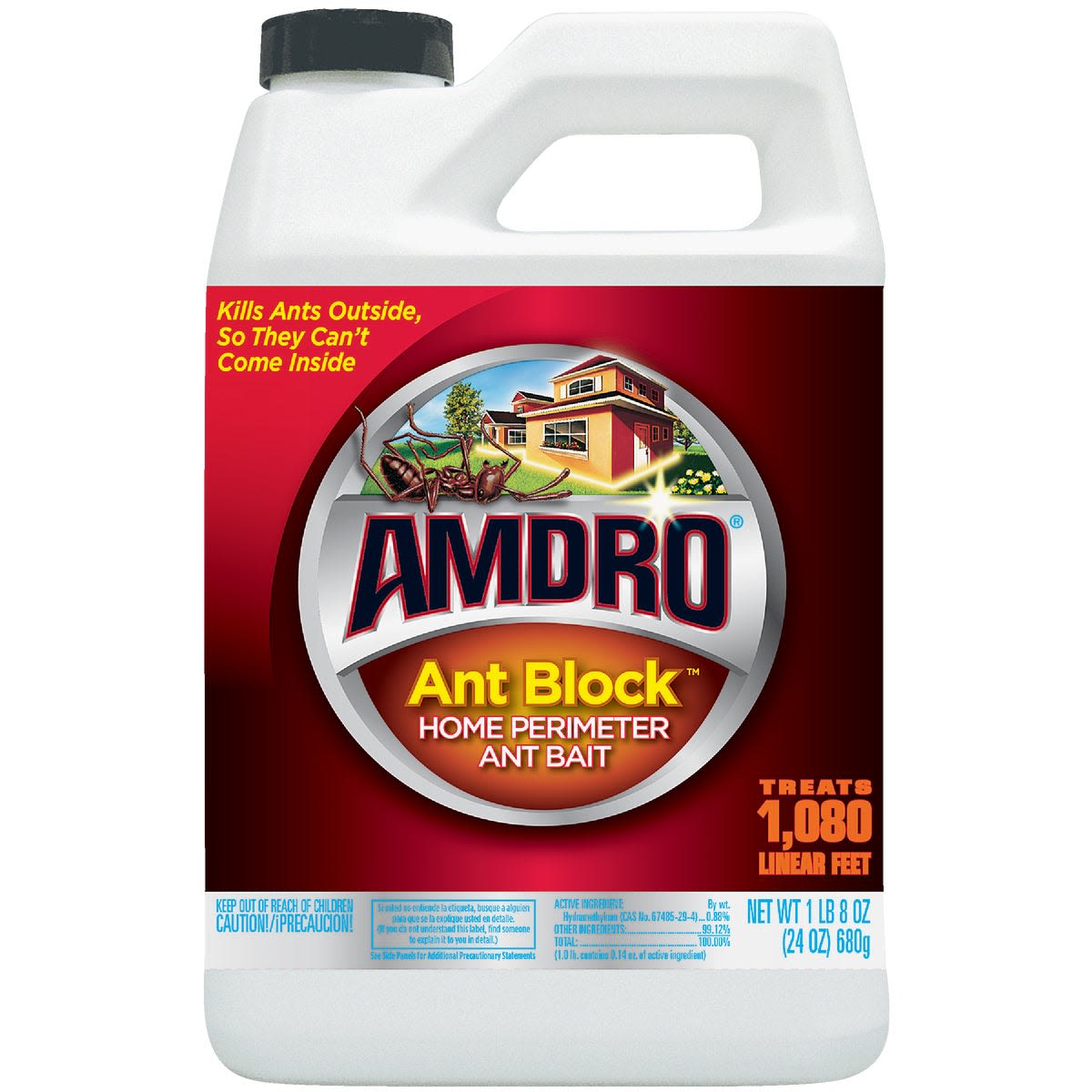White plastic jug of Amdro ant bait granules for home perimeter treatment with red and brown label and black cap