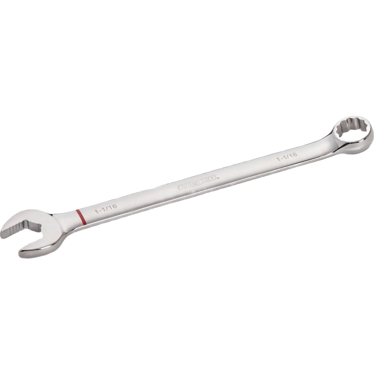 Chrome finish combination wrench with open and 12-point box ends designed for home improvement tool use
