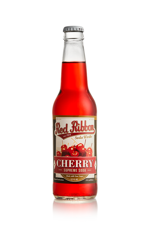 Glass bottle of cherry flavored soda with red liquid and vintage-style label for refreshment and beverage use