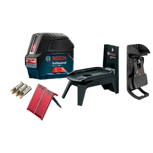 Portable Bosch cross-line laser level with plumb points, mounting bracket, target card, and batteries for home improvement tasks