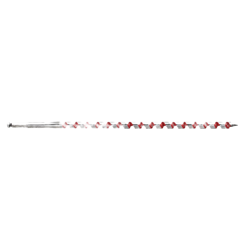 Long metal auger bit with red spiral cutting edges designed for durable wood drilling in tool and power tool accessories collections