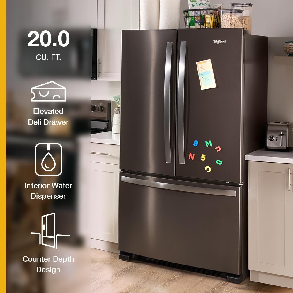 Matte black French door bottom mount refrigerator with counter-depth design and interior water dispenser from Appliances collection