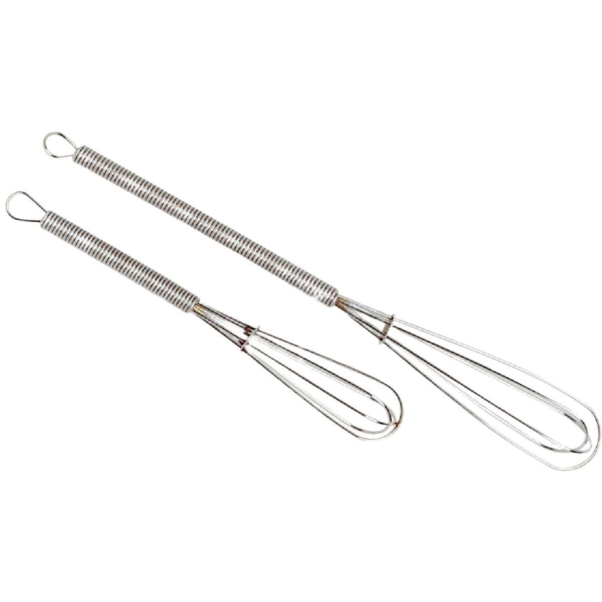 Set of two stainless steel whisks with looped handles ideal for mixing and cooking tasks in home kitchens.