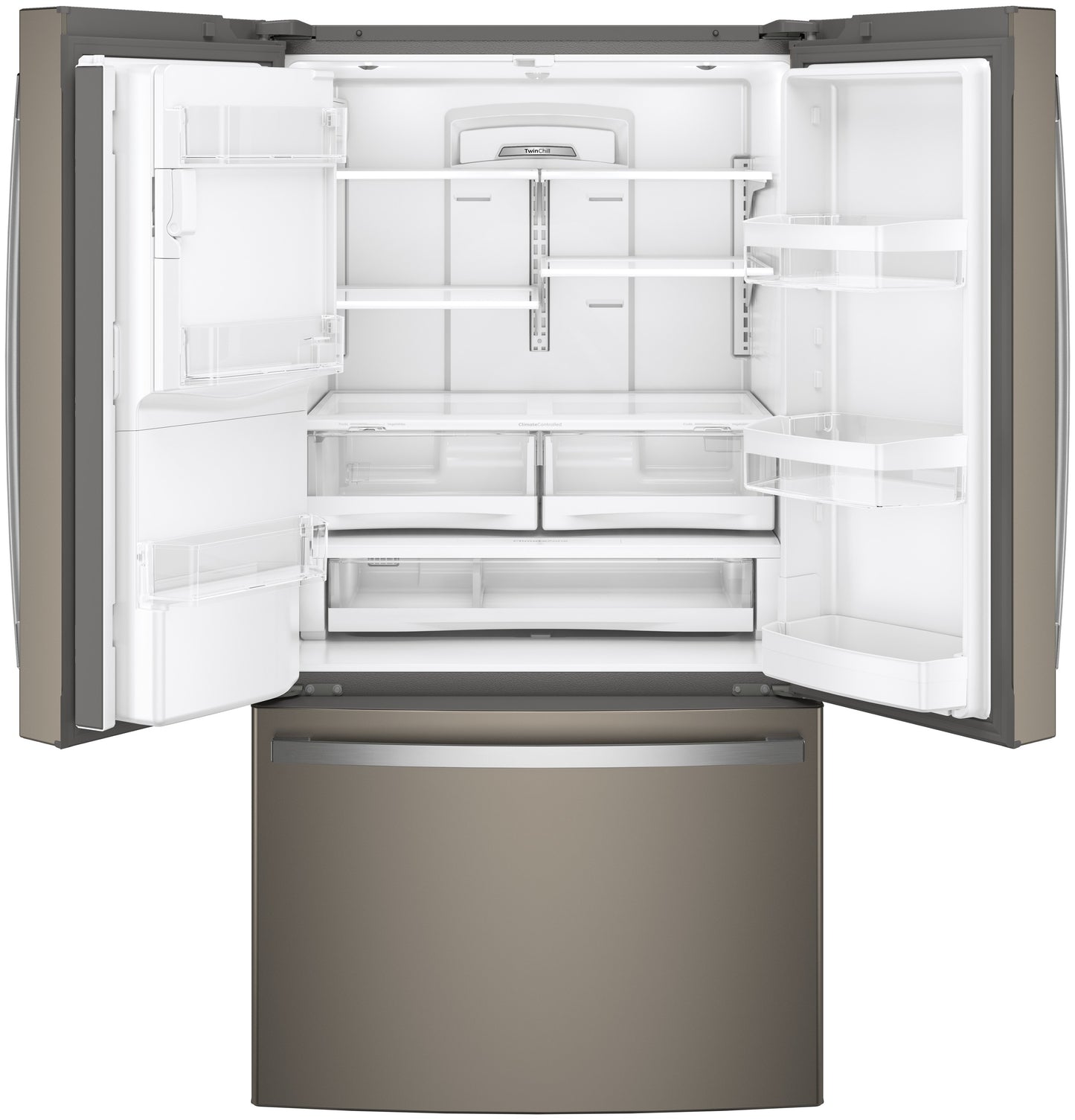 Open French-door refrigerator in dark stainless steel with adjustable shelves and spacious interior in kitchen appliances collection