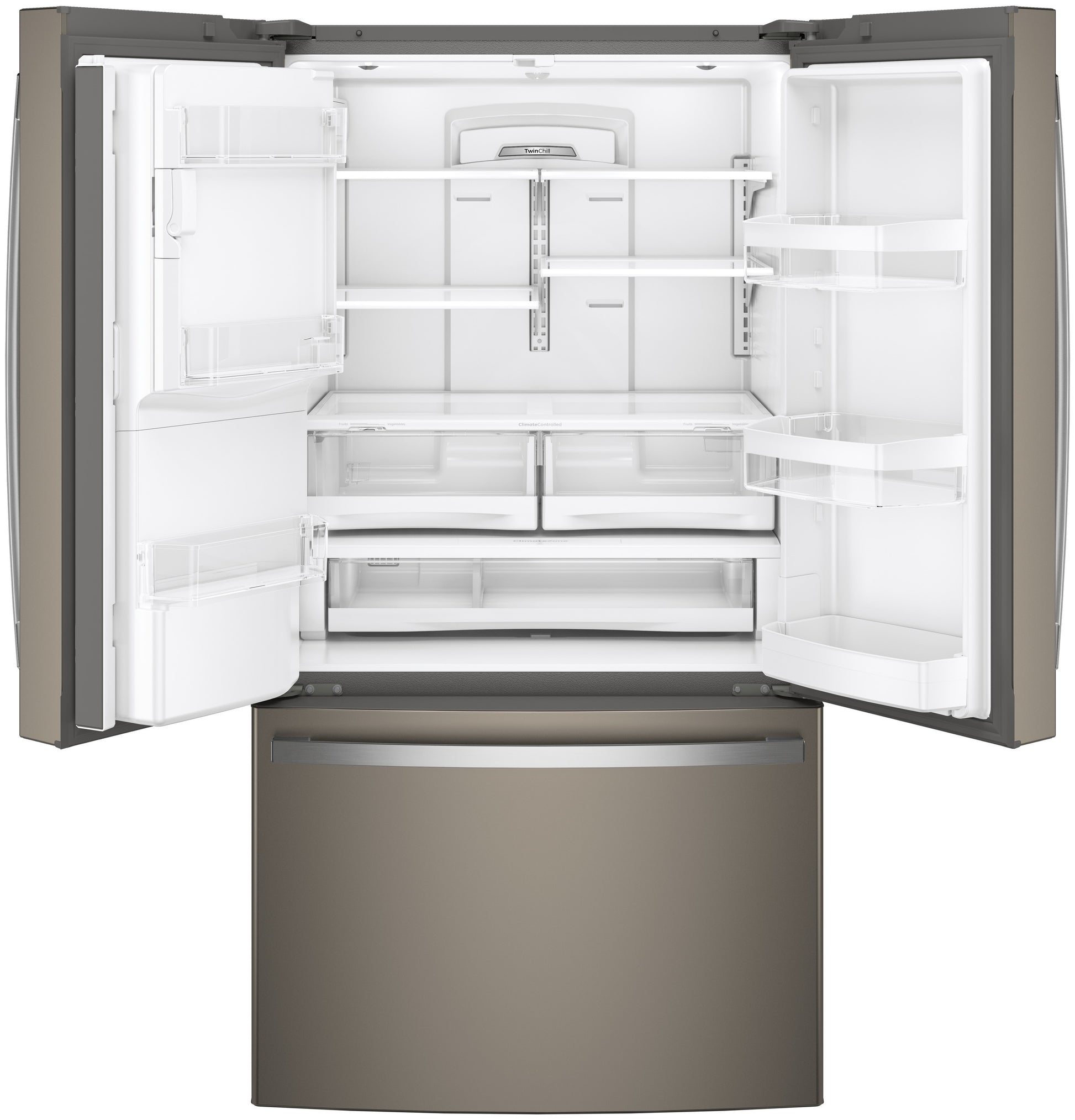 Open French-door refrigerator in dark stainless steel with adjustable shelves and spacious interior in kitchen appliances collection