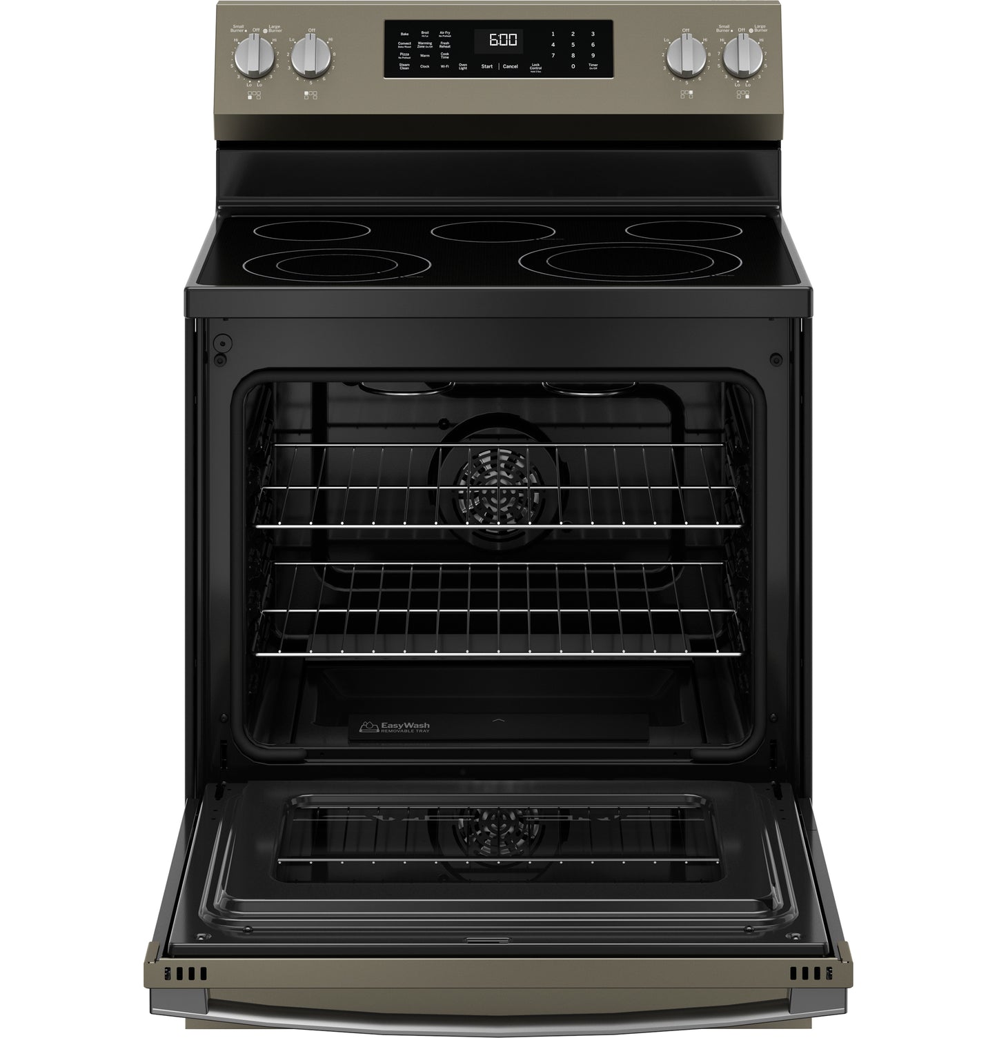 Front view of free-standing electric range with glass cooktop and open convection oven from kitchen appliances collection