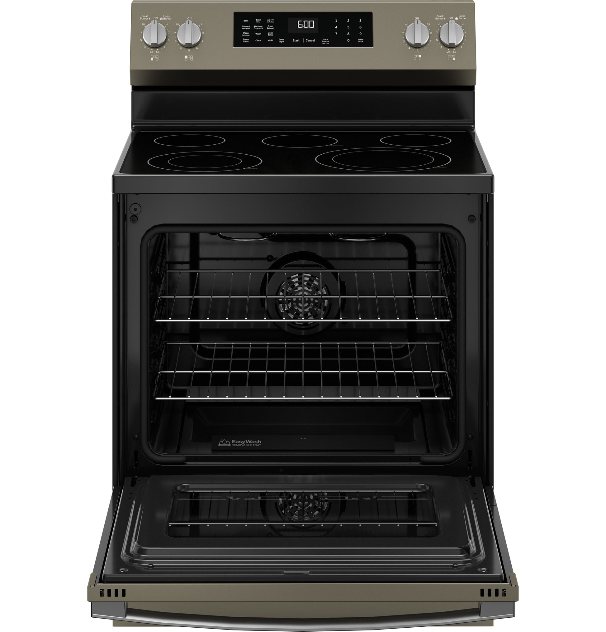 Front view of free-standing electric range with glass cooktop and open convection oven from kitchen appliances collection