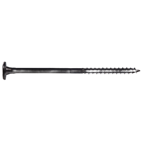 Black coated wood screw with flat head and threaded shaft for lumber and building materials in hardware collection