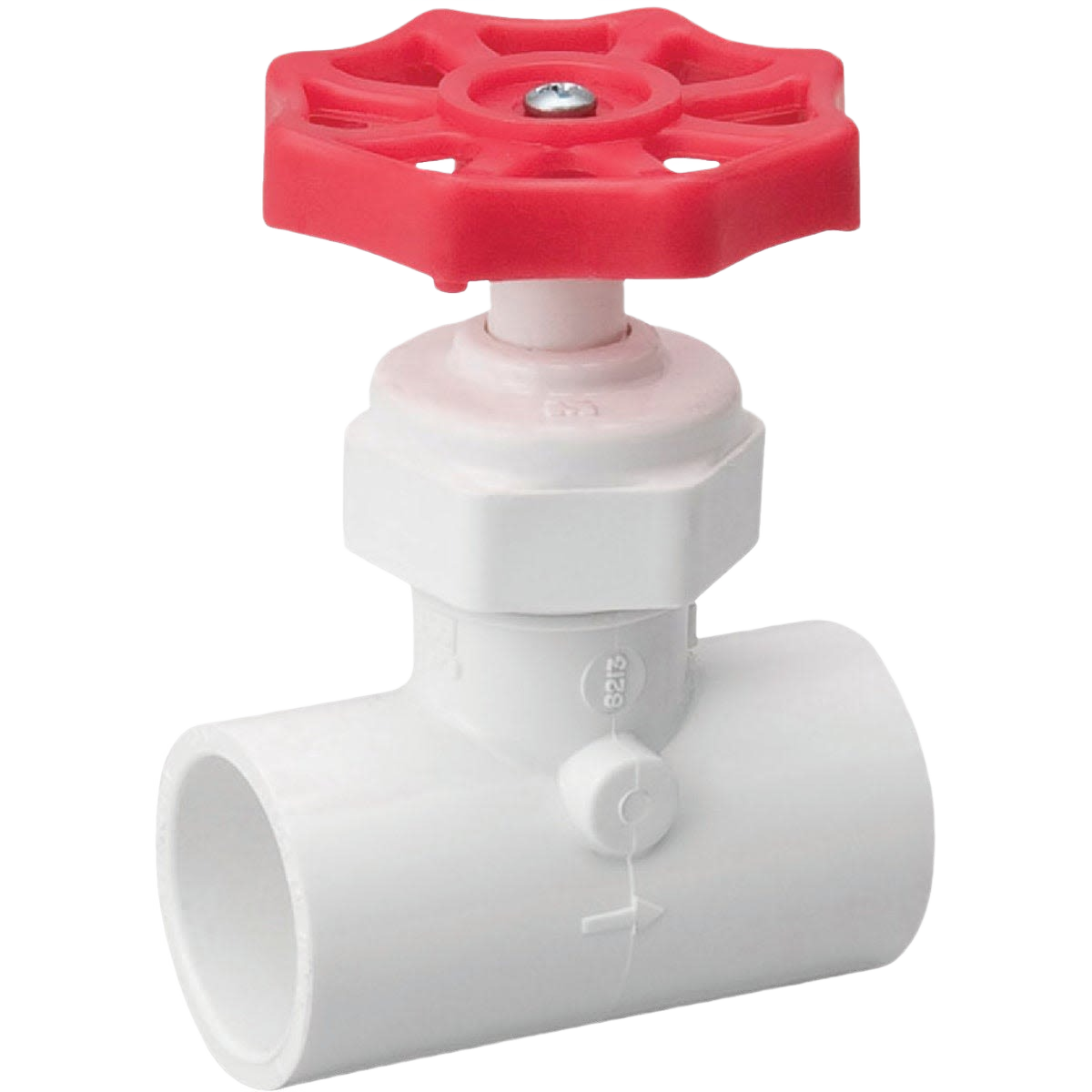 White PVC globe valve with red handwheel for controlling water flow in home improvement and plumbing projects