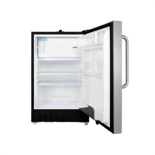 Open built-in textured black refrigerator-freezer with left door swing and clear shelves in kitchen appliance setting