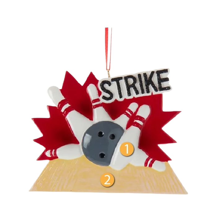 Bowling-themed Christmas ornament with pins, ball, and strike sign for holiday tree decorations under $50 collection