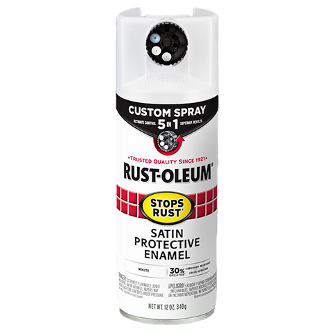 White satin protective enamel spray can with Rust-Oleum branding for home improvement and paint supplies collections