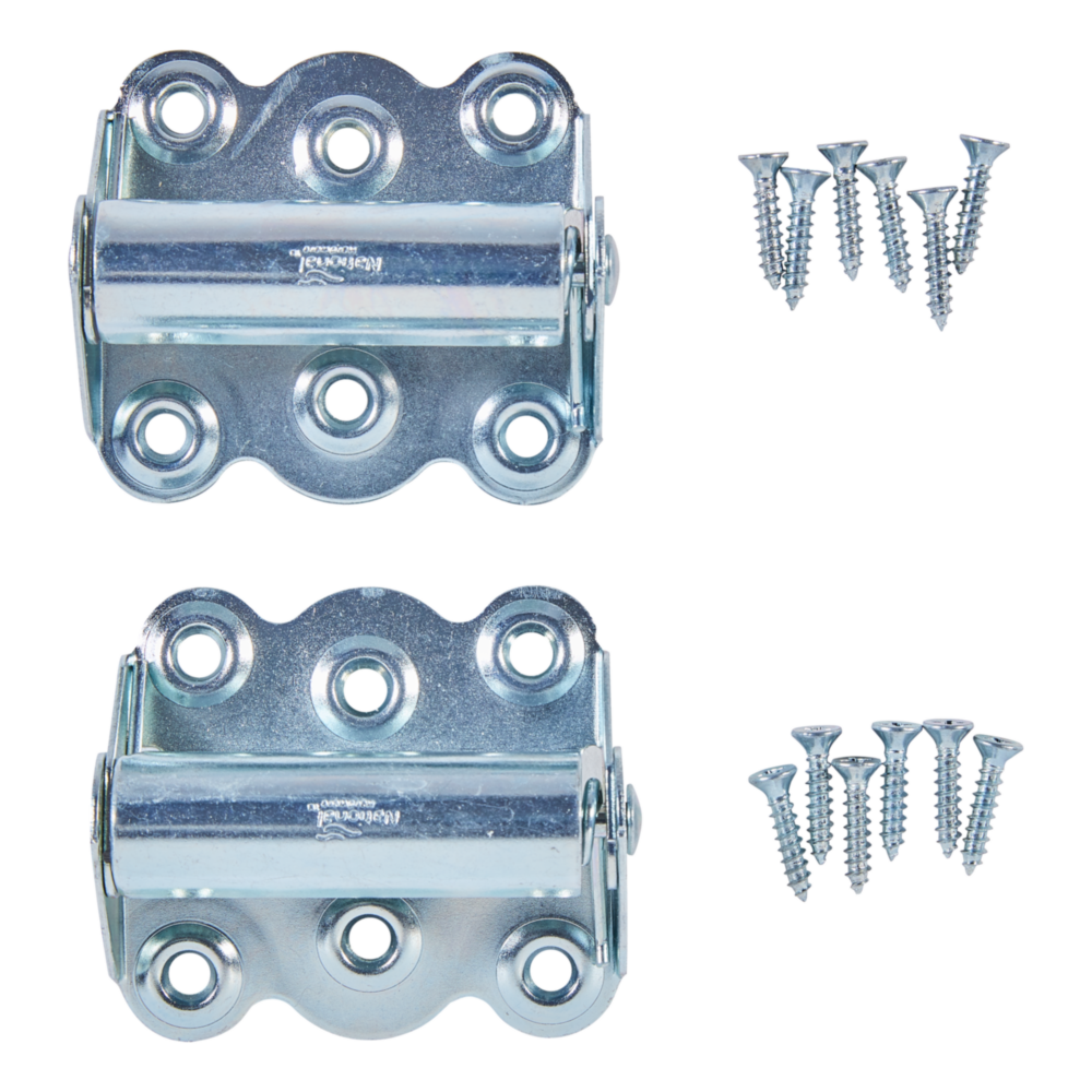 Two zinc spring door hinges with multiple screw holes and included mounting screws for door hardware projects under $50 collections