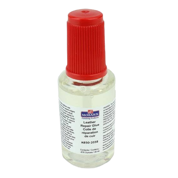 Small clear bottle of Mohawk adhesive with red cap for repairing leather, part of glue and adhesives under $50 collection