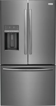 Stainless steel French door refrigerator with external water dispenser and spacious bottom freezer drawer for kitchen appliances collection