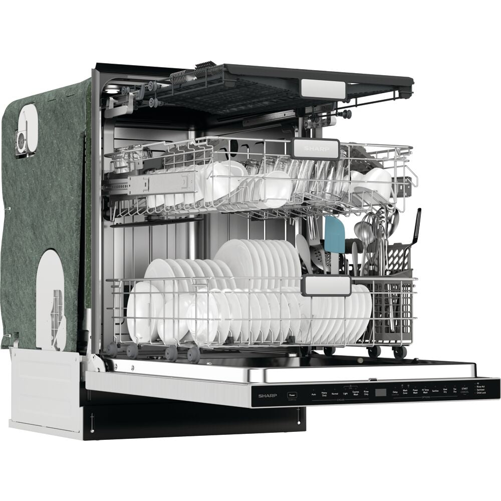 Open stainless steel dishwasher drawer with white dishes, cutlery, and a third rack in a kitchen appliance setting
