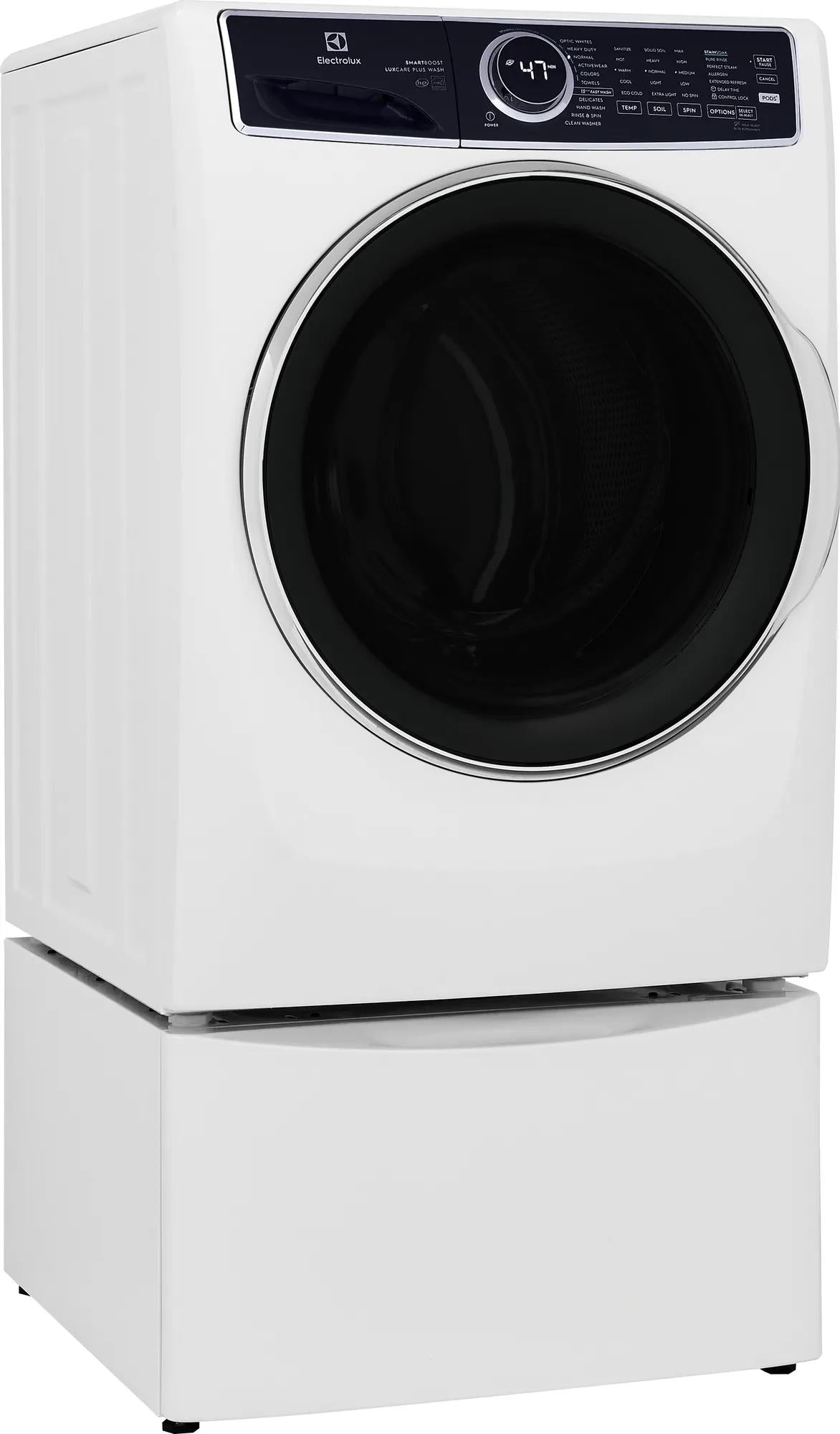 White front load washer with pedestal base and digital control panel from washers and appliances collection
