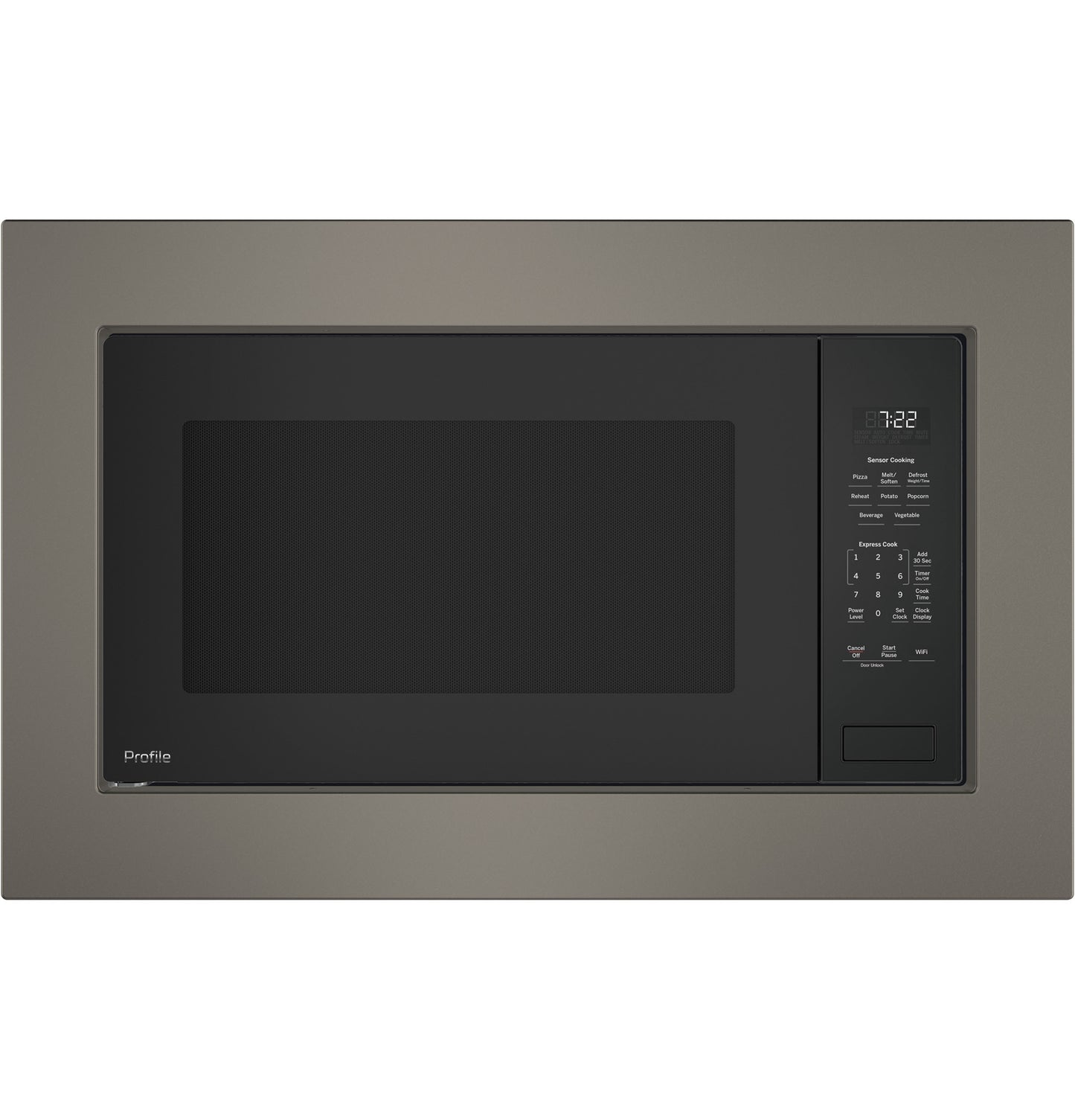 Built-in dark stainless steel microwave with sensor controls and digital display in kitchen appliance collection